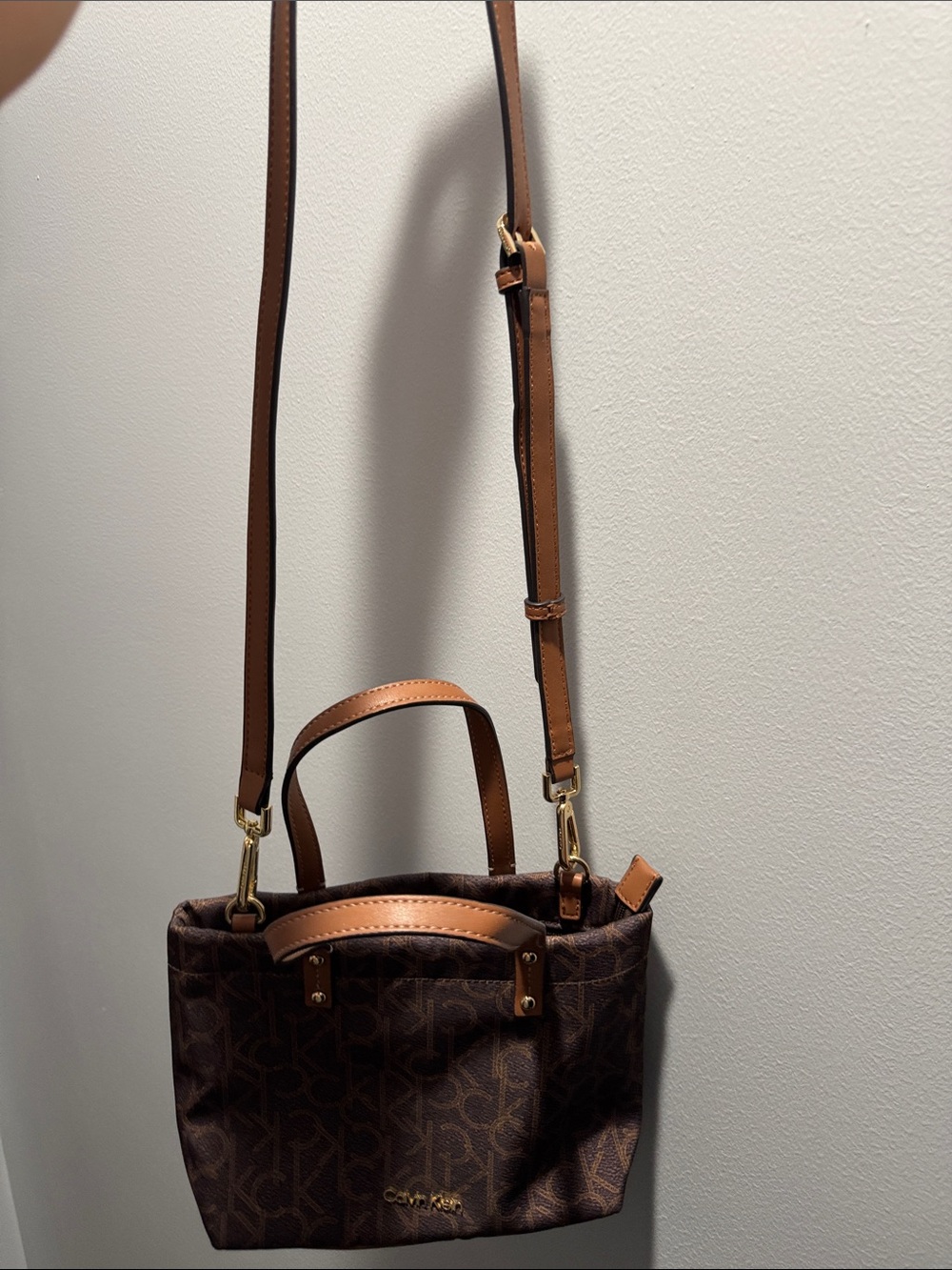 Calvin Klein Brown Logo Crossbody with Tan Leather Accents